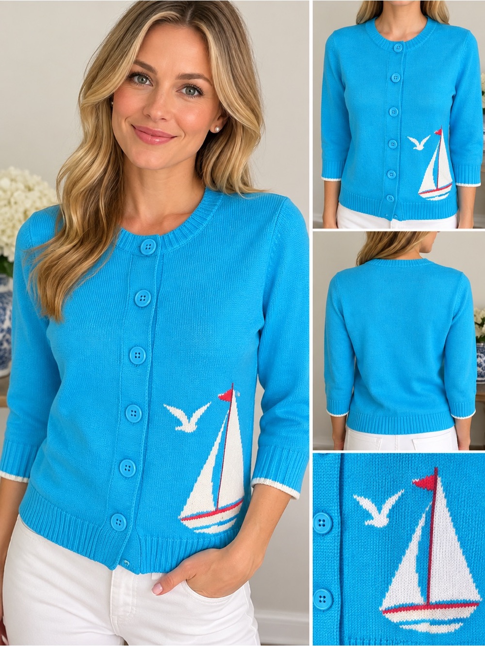 L.L.Bean Adorable Cotton Sailboat Cardigan Coastal Nautical Sweater